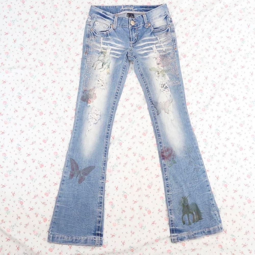 amethyst jeans flare jeans y2k rhinestone butterfly distressed denim